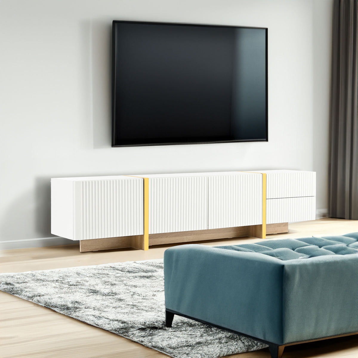 Luxury Fluted TV Stand for TVs Up to 80'', Modern Entertainment Center with Storage Cabinets & Drawer White - V.I.P Digital Presence