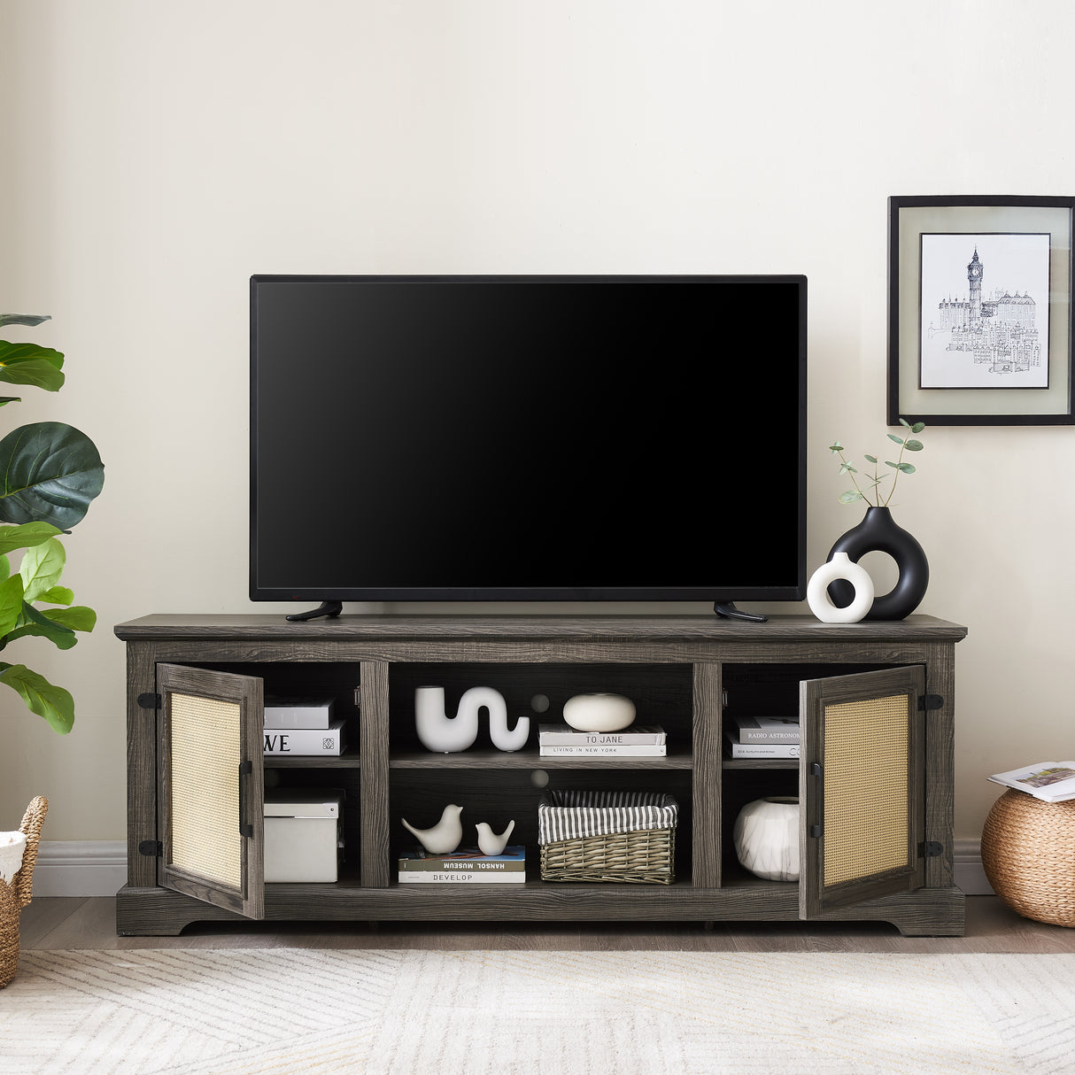 Vine TV stand console table, suitable for TVs under 70 inches, equipped with 2 storage shelves and 2 natural rattan doors, gray - V.I.P Digital Presence