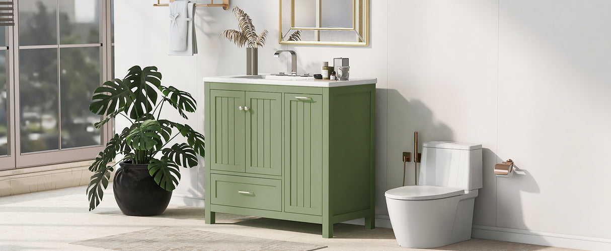 36 inch bathroom vanity with sink, one double door cabinet one large drawer and one flip drawer solid wood and MDF board, green - V.I.P Digital Presence