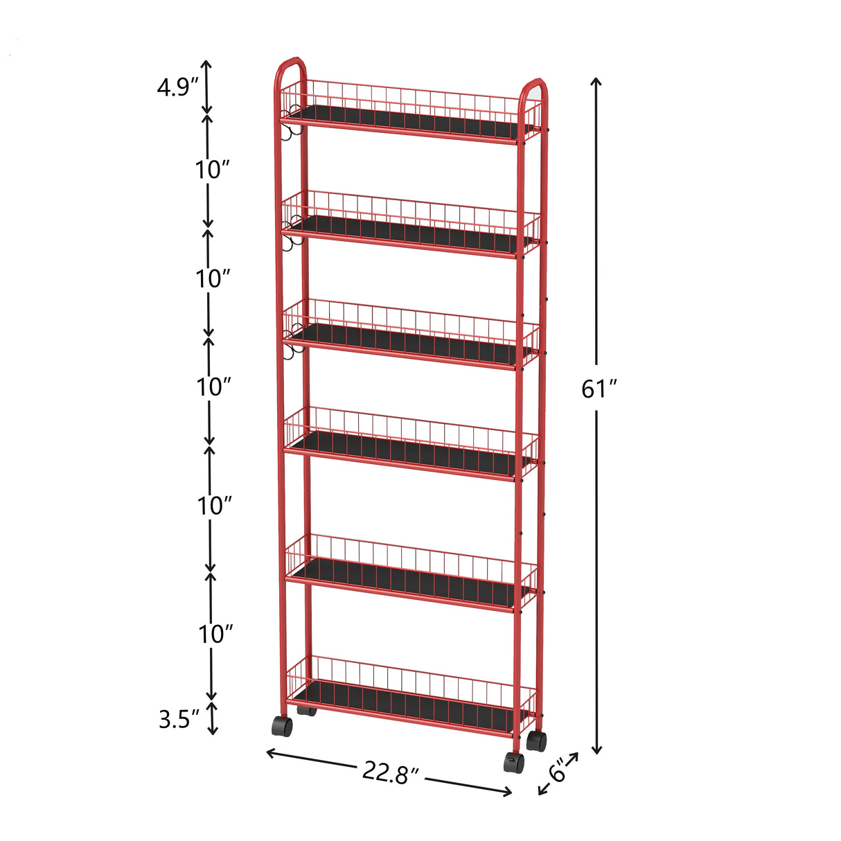 Red 6-story rolling cart gap kitchen ultra-thin sliding out storage tower shelf with wheels, 6 baskets - V.I.P Digital Presence