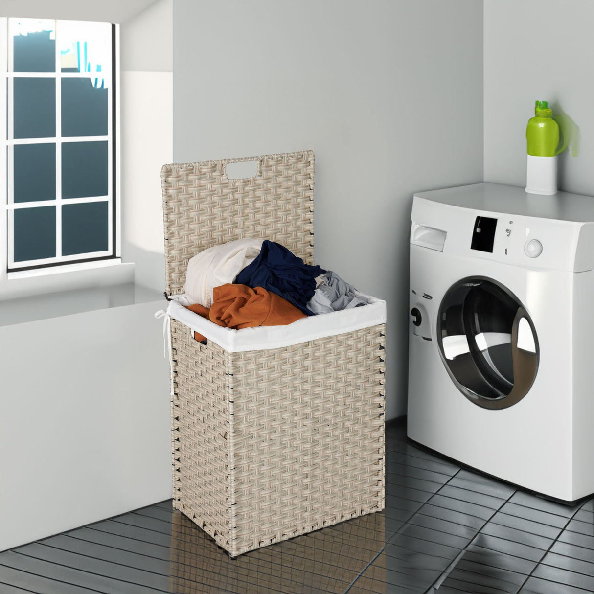 Laundry Hamper With Lid PE Rattan Powder Coating Frame Clothes Hampers with 02 Removable Bags, 100L, Grey Color - V.I.P Digital Presence