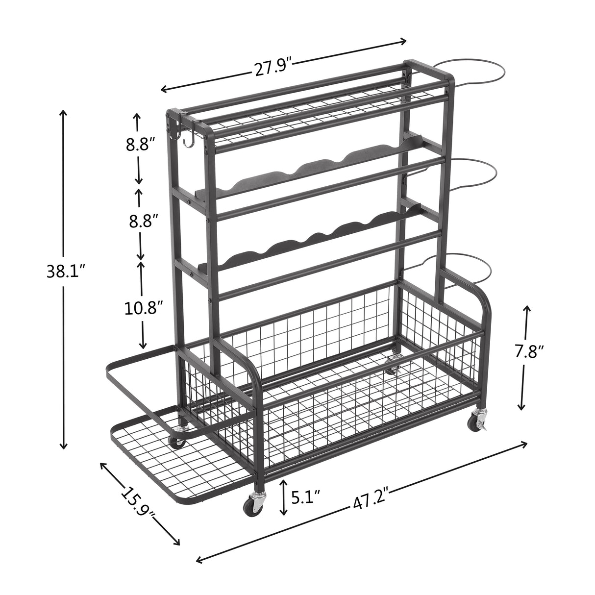 Four layer metal storage rack, large ball storage rack with rollers, baskets, and hooks - V.I.P Digital Presence