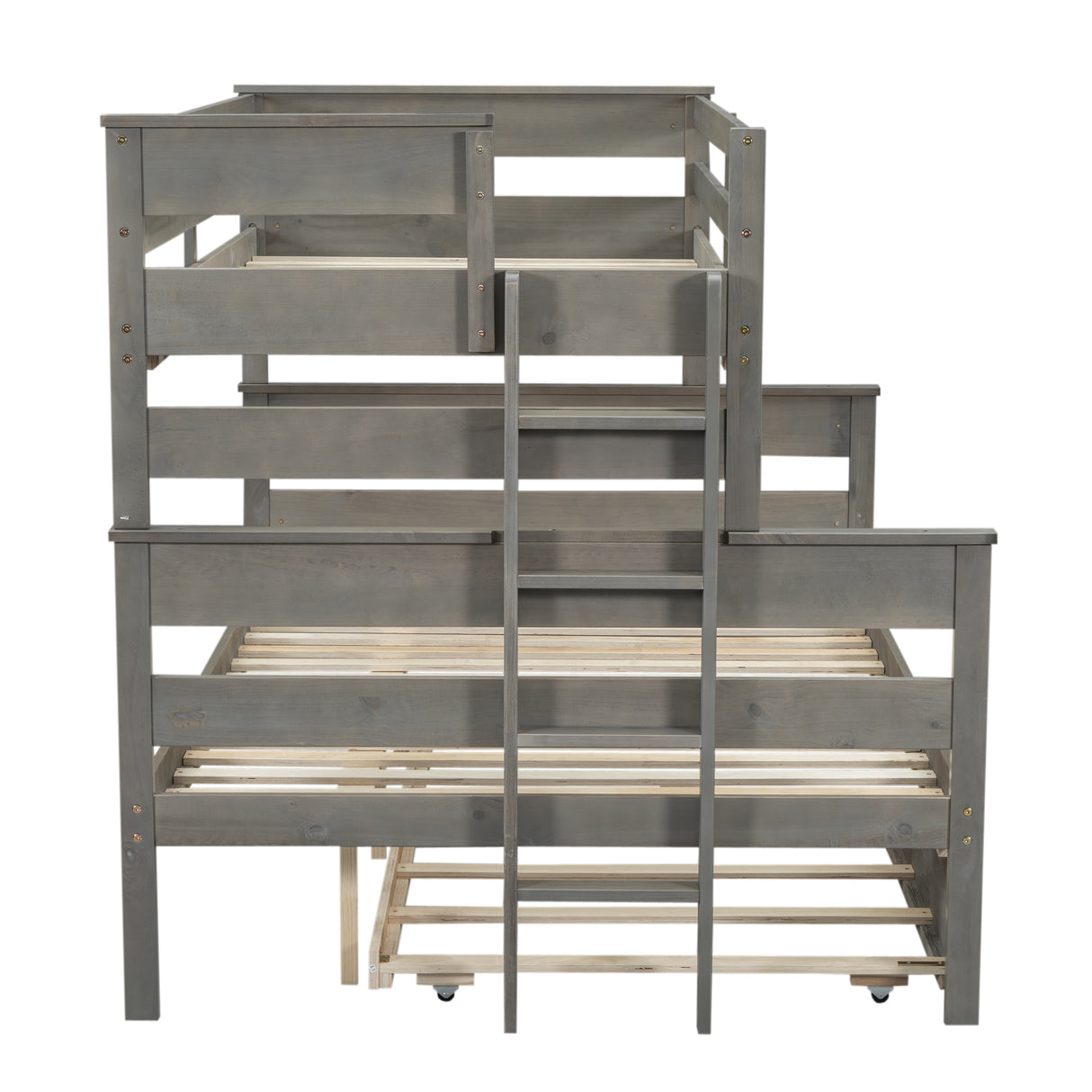 Wood Twin over Full Bunk Bed with Twin Size Trundle Gray