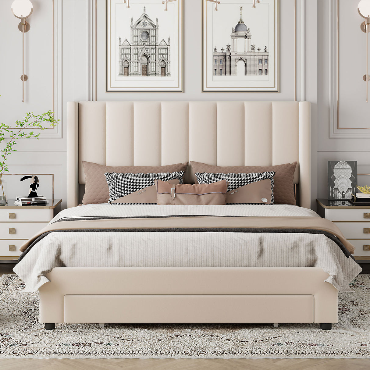 Queen Size Storage Bed Velvet Upholstered Platform Bed with a Big Drawer - Beige - V.I.P Digital Presence