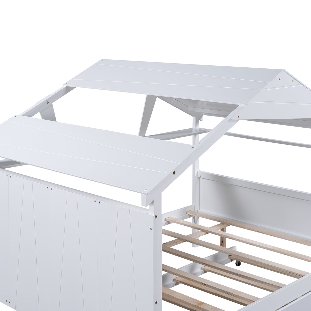 Wood Full Size House Bed with Twin Size Trundle and Storage White