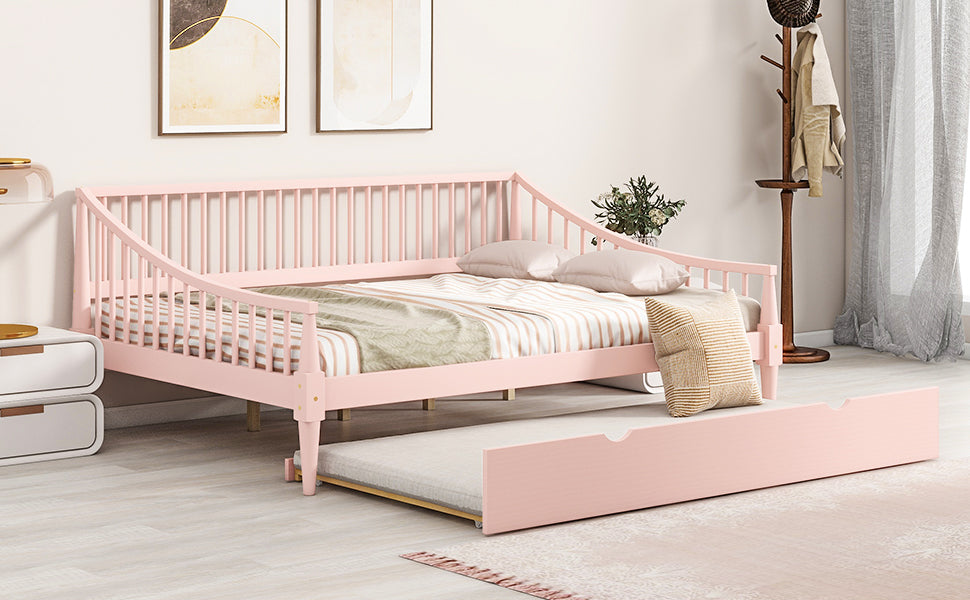 Full Size Daybed with Trundle and Support Legs Pink