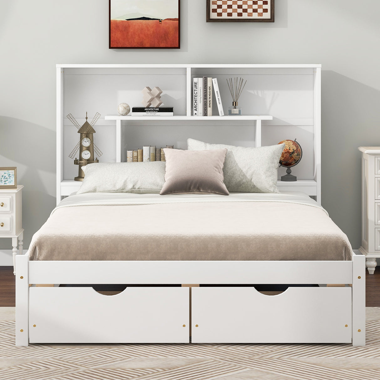 Full Size Platform Bed with Storage Headboard and 2 Drawers, White - V.I.P Digital Presence