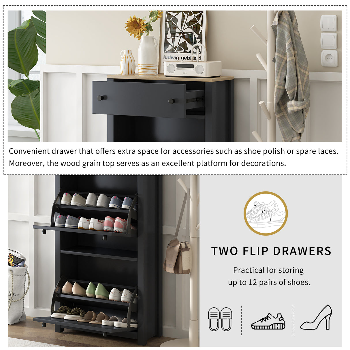 ONTREND with 2 flip drawers, top shoe cabinet with drawers, independent shoe rack with adjustable panel, for hallway use, black - V.I.P Digital Presence