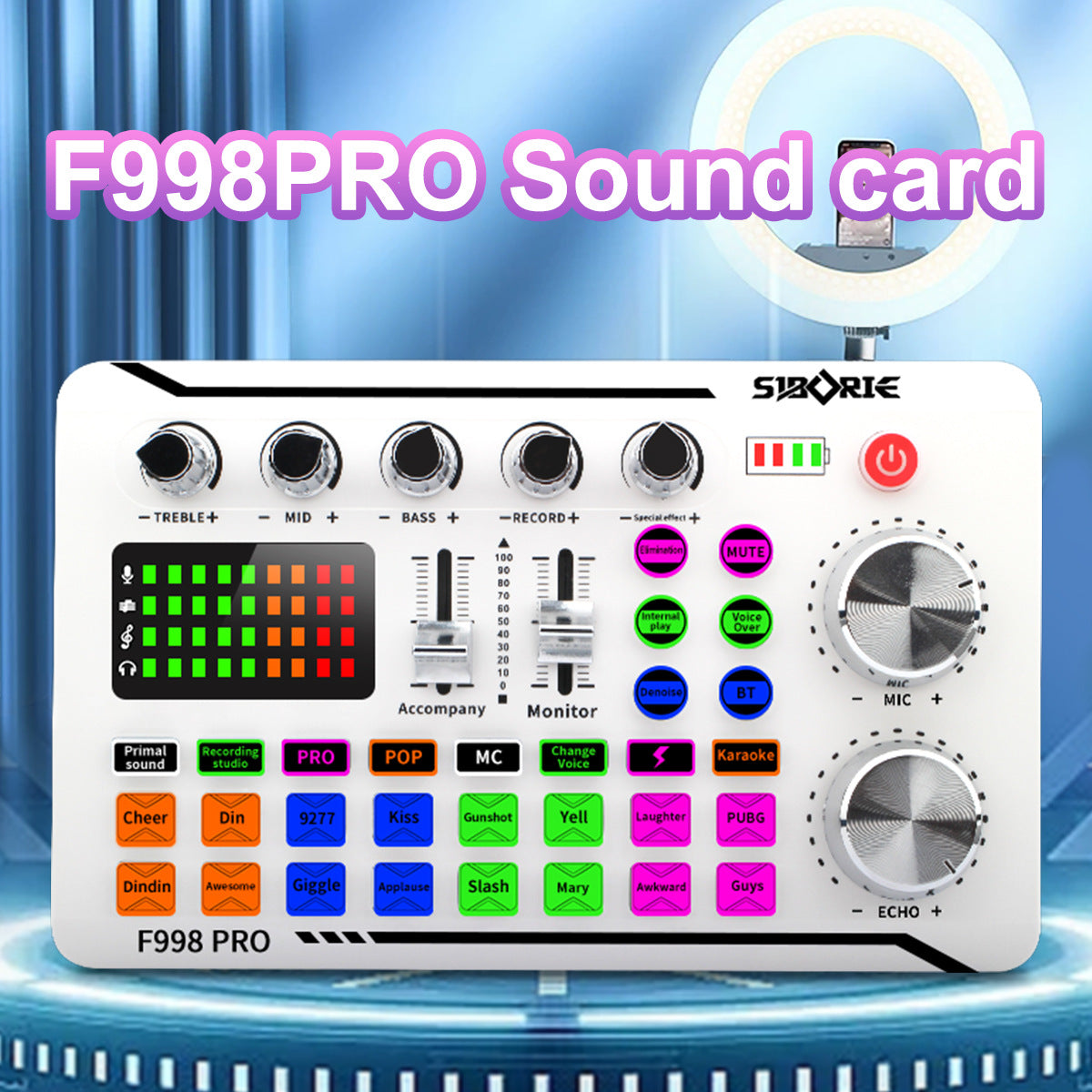 F998Pro live singing sound card white English version intelligent noise reduction integrated microphone - V.I.P Digital Presence