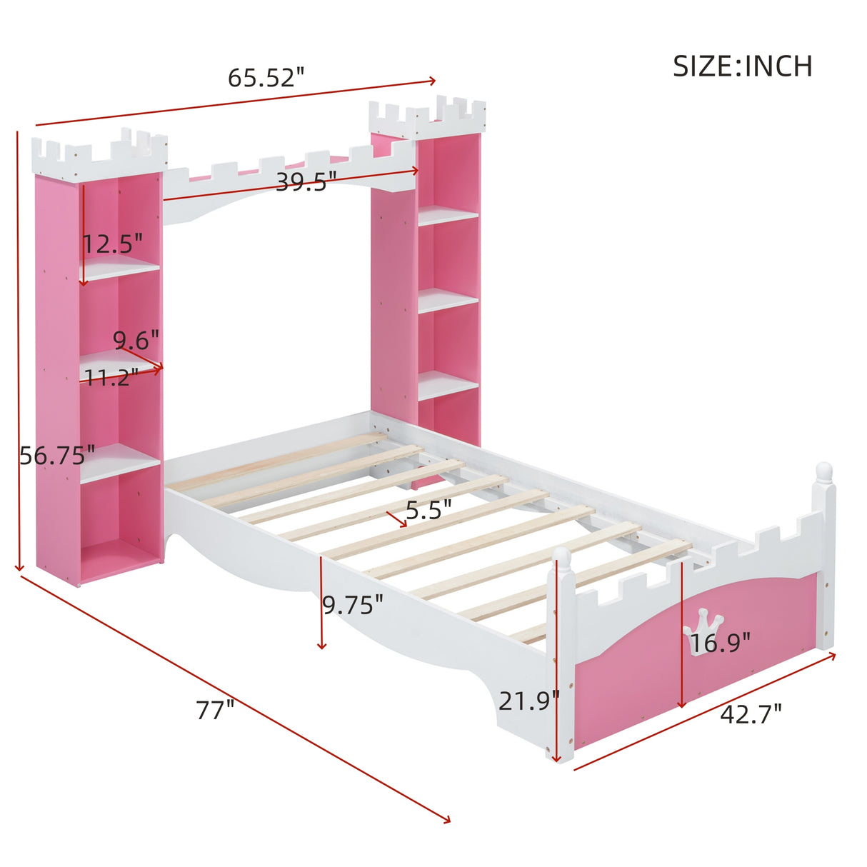 Castle-Shaped Wooden Bed with Storage Shelf, Dreamy Twin Size Platform Bed for Kids Bedroom, Pink+ White - V.I.P Digital Presence