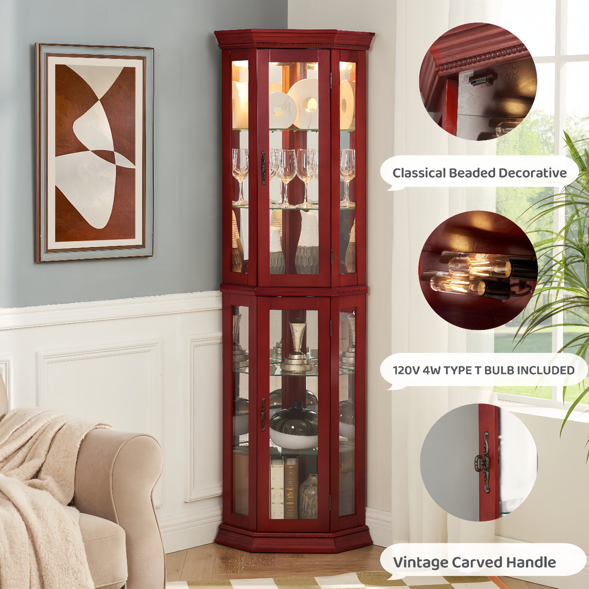 Corner Curio cabinet with illuminated glass display stand and tempered glass door, with adjustable bracket and light bulb - V.I.P Digital Presence