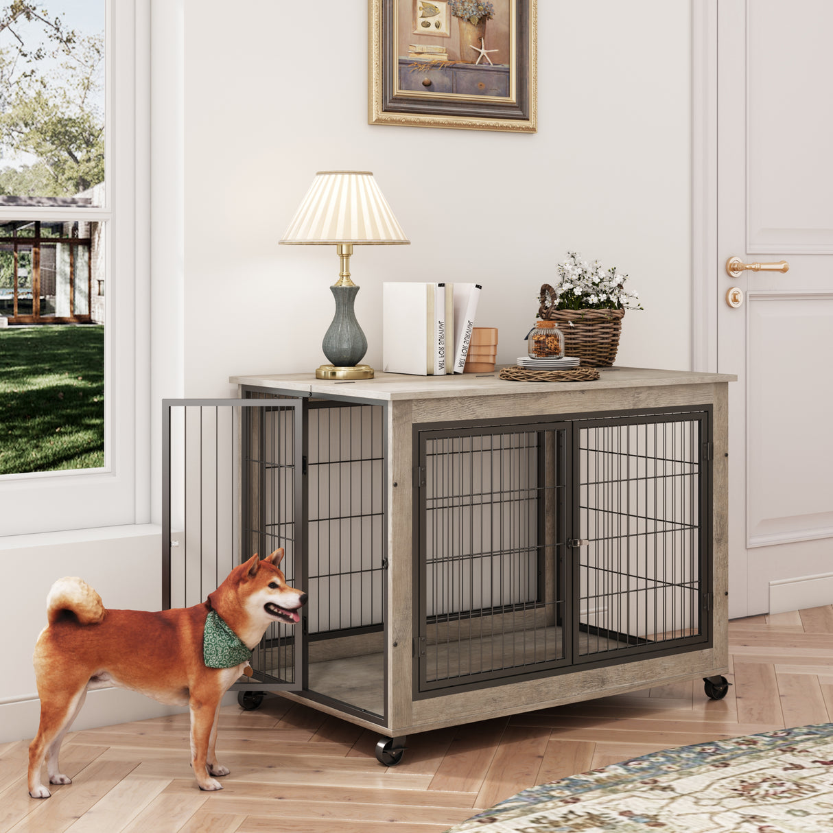 Furniture Style Dog Crate Side Table on Wheels with Double Doors and Lift Top.Grey,38.58''w x 25.5''d x 27.36''h - V.I.P Digital Presence