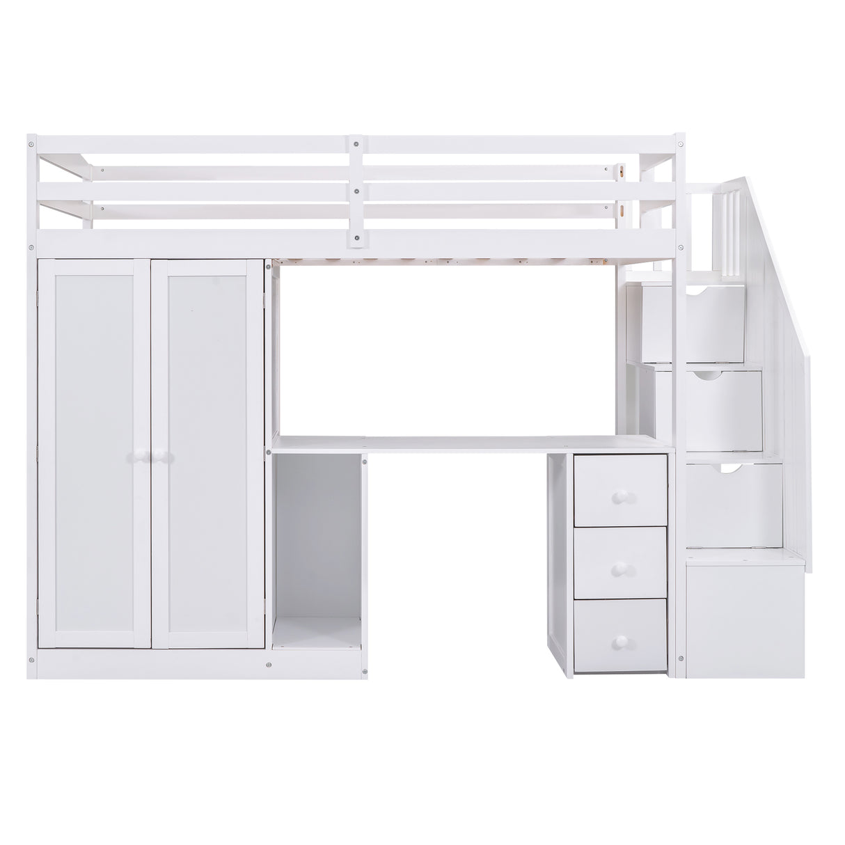 Twin Size Loft Bed with Wardrobe and Staircase, Desk and Storage Drawers and Cabinet in 1 White
