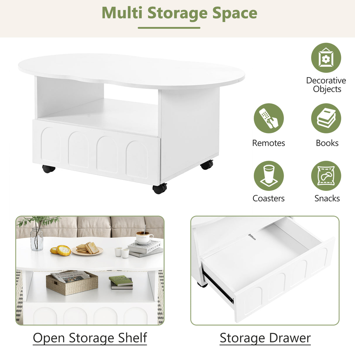 ON-TRANS flexible cream style coffee table with 2 brake wheels, drawers, large storage space, white, 39.37 '' x 23.6 '' - V.I.P Digital Presence