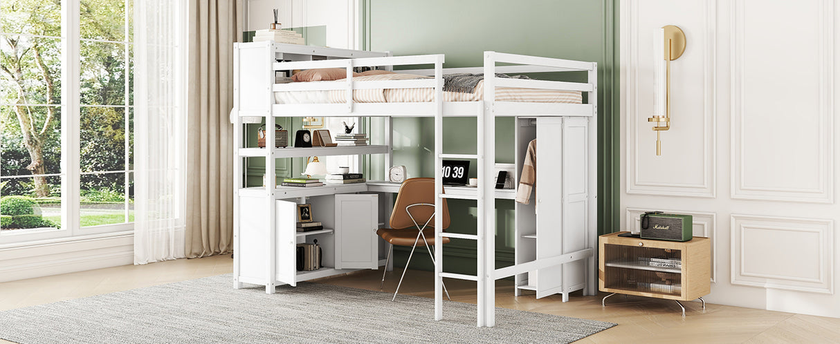 Wood Loft Bed with Cabinet and Bookshelf, Full Size Loft with Wardrobe and Desk for Kids,White - V.I.P Digital Presence