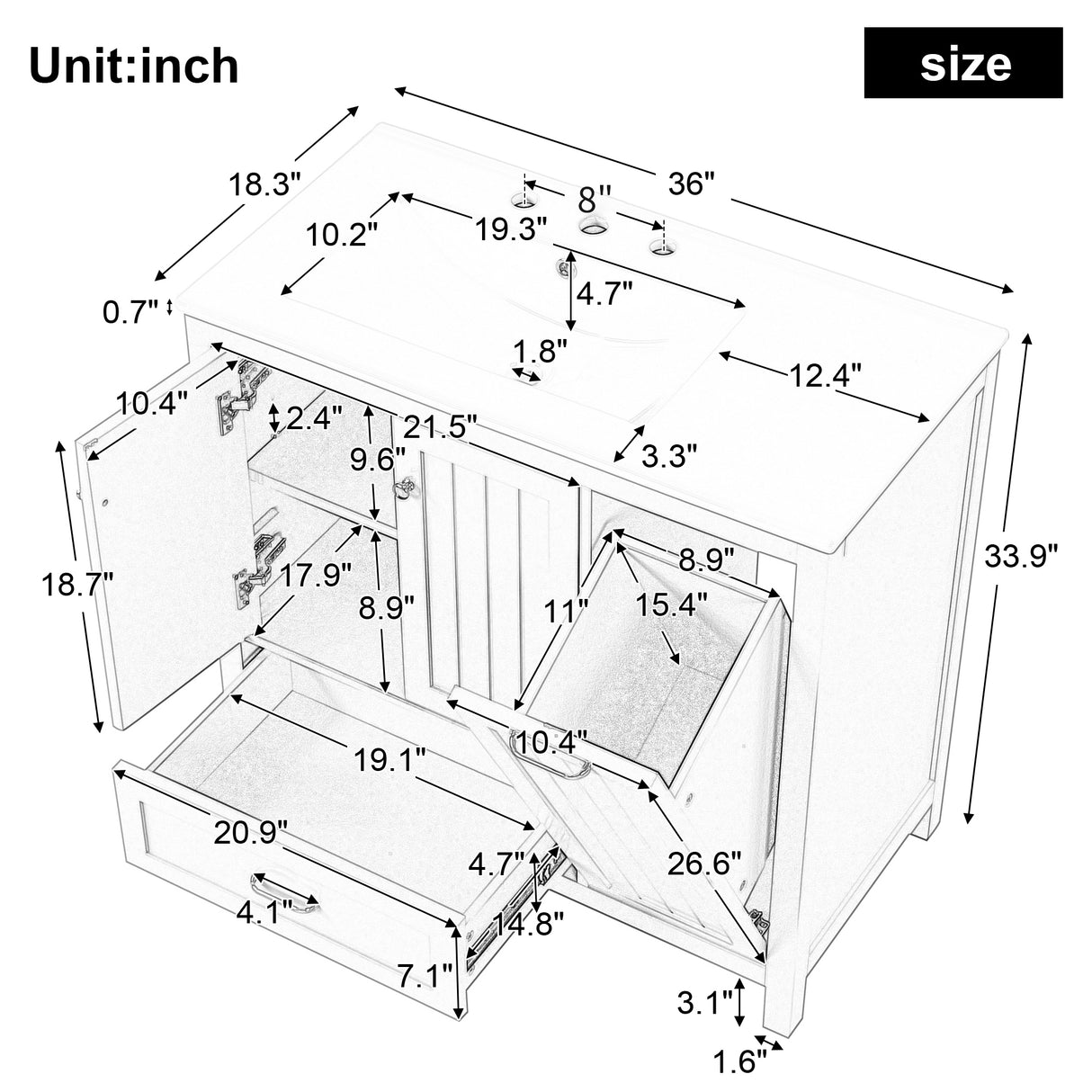 36 inch bathroom vanity with sink, one double door cabinet one large drawer and one flip drawer solid wood and MDF board, green - V.I.P Digital Presence