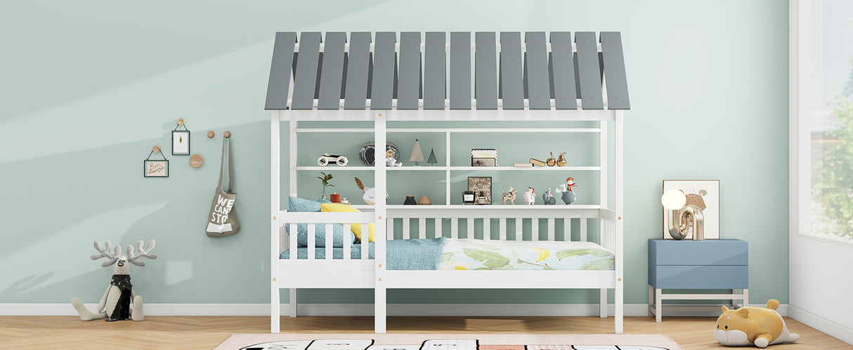 Wood Twin Size House Bed with Roof, Guardrail and Shelves, White - V.I.P Digital Presence