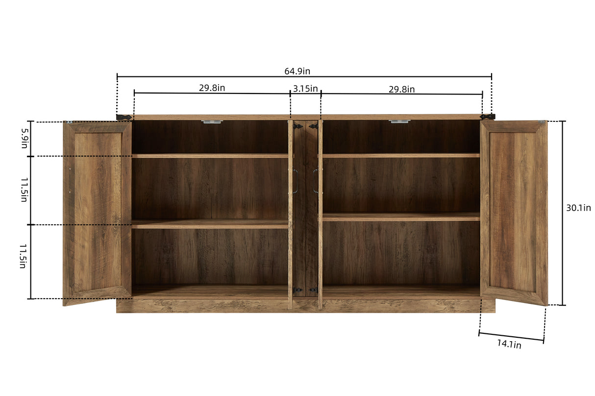 65-Inch Rustic Oak Color Faux Rattan Sideboard, Barn Door Rustic Style Sideboard, Living Room, Entryway, Bedroom - V.I.P Digital Presence