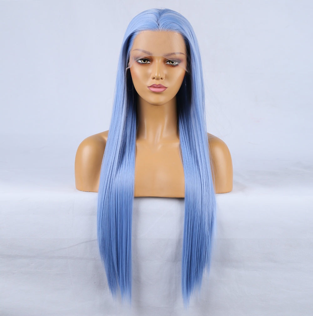 Fashion Hand Ditch 13 * 2.5 Chemical Fiber Front Lace Blue False Long Hair Head Cover Natural Hairline Wig - V.I.P Digital Presence