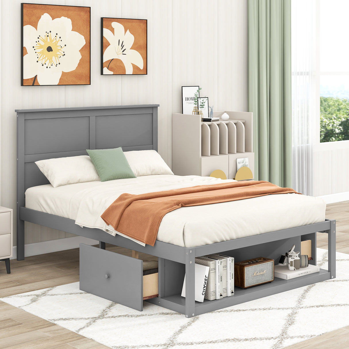 Full Size Platform Bed with Drawer on the Each Side and Shelf on the End of the Bed Gray