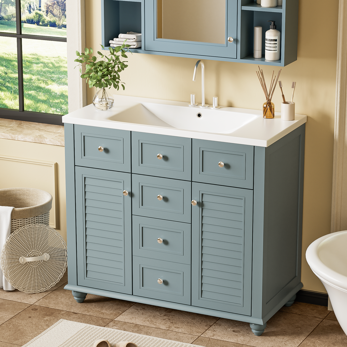 36 "bathroom makeup cabinet with resin sink combination and 2 drawers, with soft closing door, blue color - V.I.P Digital Presence