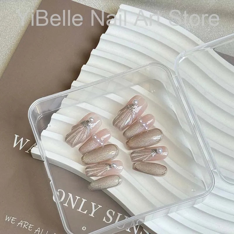 Sea Shells Handmade Press on Nails Ballerina Professional Wearable Reusable False Nail Tip Nail Art With Shiny Pearl - V.I.P Digital Presence