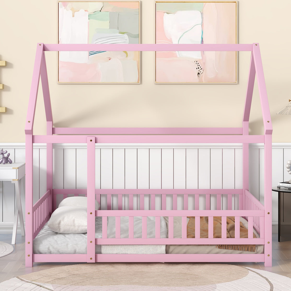 Full Size Floor Wooden Bed with House Roof Frame, Fence Guardrails ,Pink - V.I.P Digital Presence