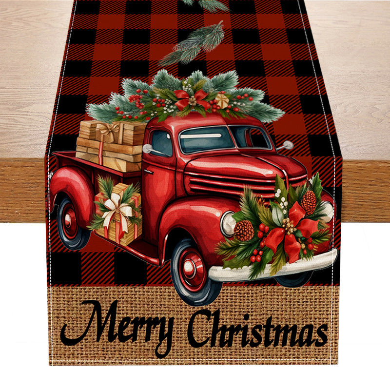 Red car printed table flag Christmas red black checkered linen living room decoration tablecloth - V.I.P Digital Presence