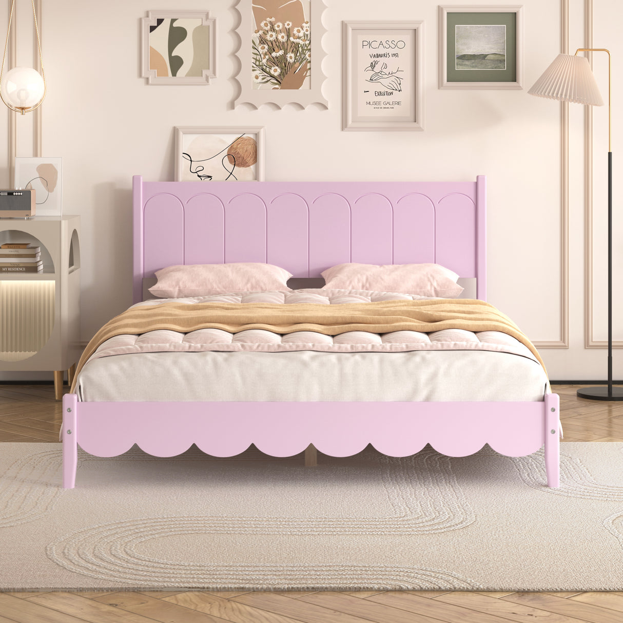Queen Size Wood Platform Bed Frame, Retro Style Bed with Rectangular Headboard,No Need Box Spring,Pink - V.I.P Digital Presence