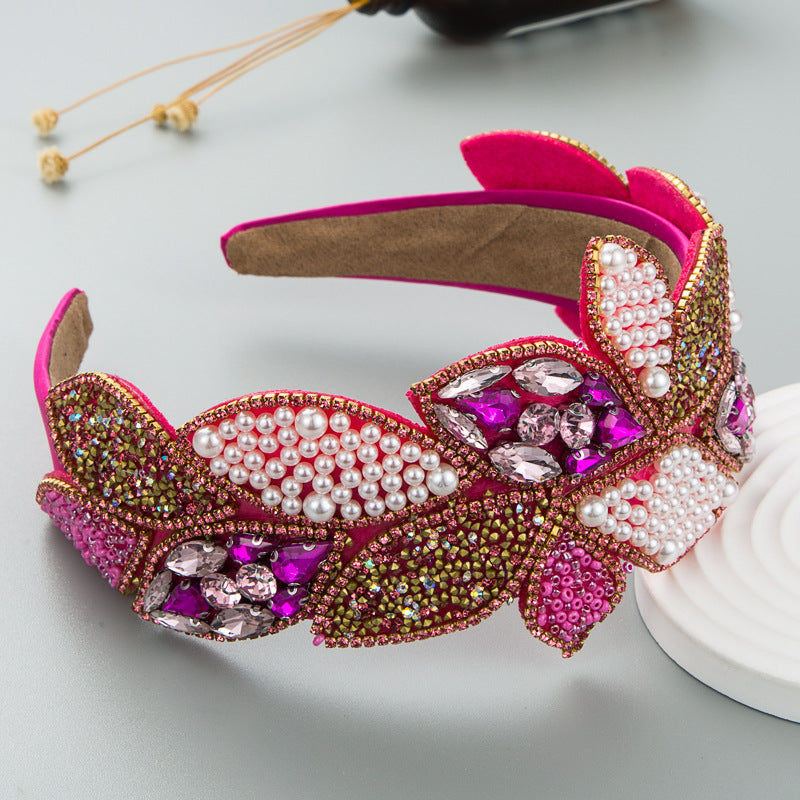 Headband Fashion Ball Rhinestone Pearl Leaf-Shaped Baroque Headband Exaggerated Wide-Brimmed Hair Accessories - V.I.P Digital Presence