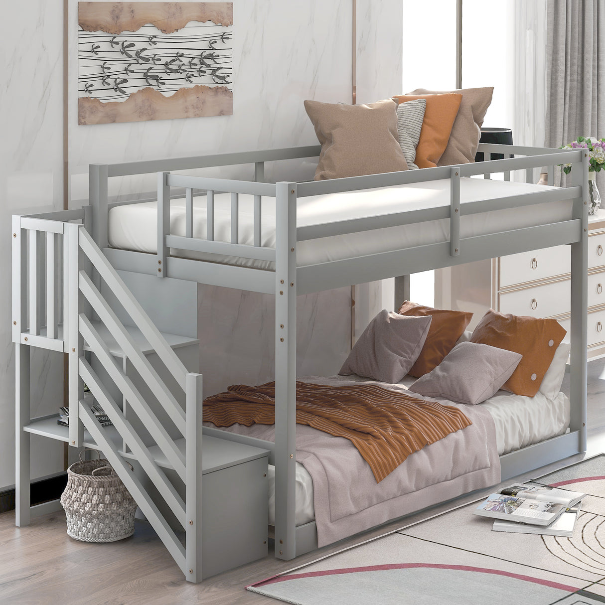 Twin over Twin Floor Bunk Bed, Ladder with Storage Gray