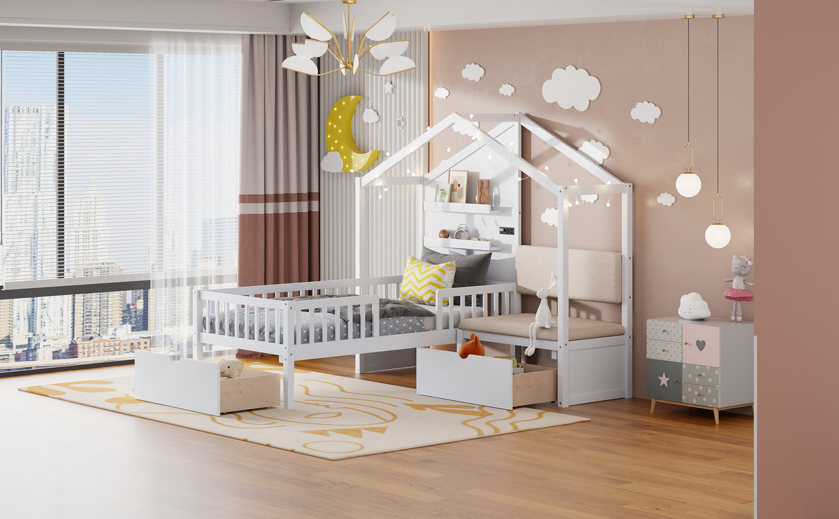 Twin Size House Bed with Upholstered Sofa, House Bed with Charging Station, Wireless Charging, Shelves and Two Drawers, White - V.I.P Digital Presence