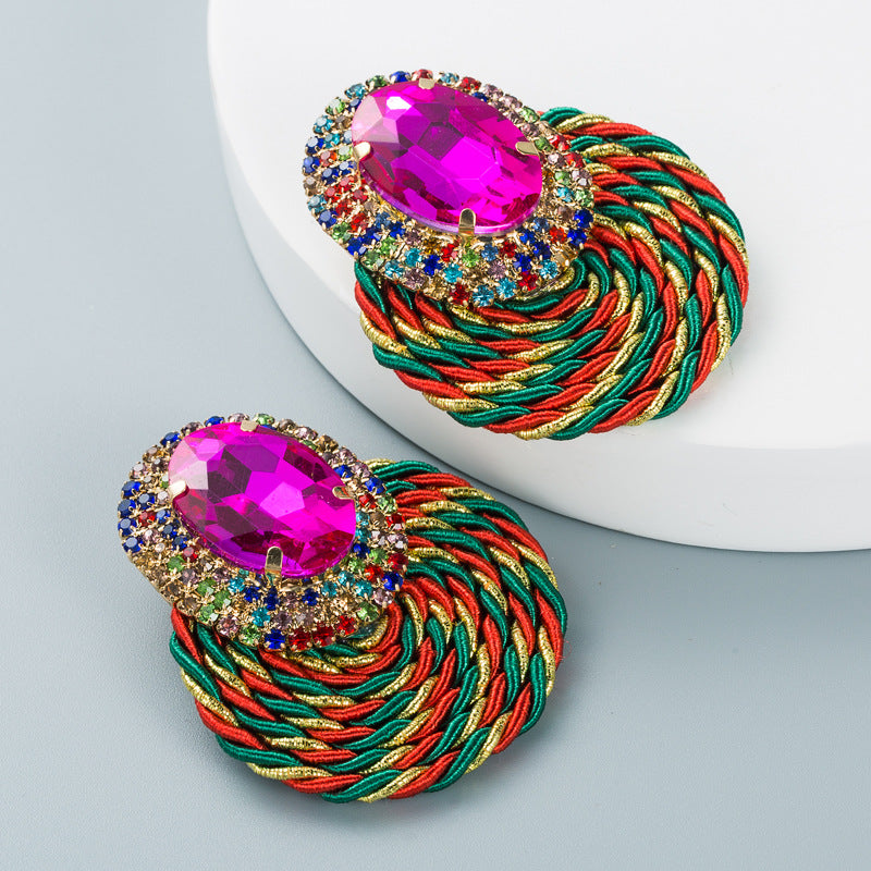 European And American Style Colored Diamond Series Personality Exaggerated Oval Glass Diamond Earrings Handmade Line Braided Earrings - V.I.P Digital Presence