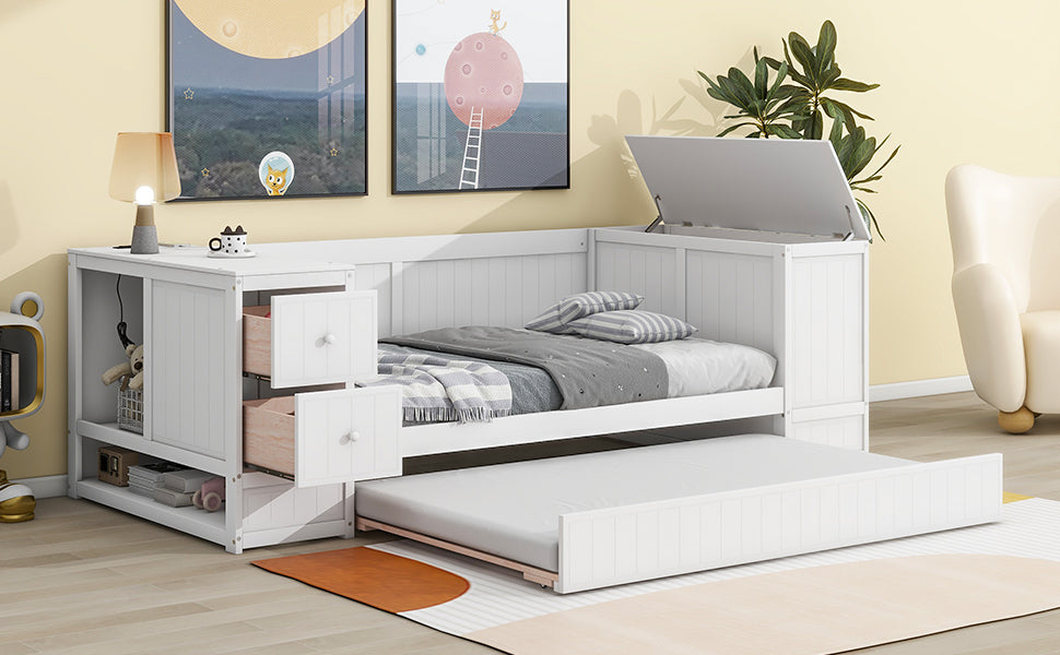 Twin Size Daybed with Storage Arms Trundle and Charging Station White