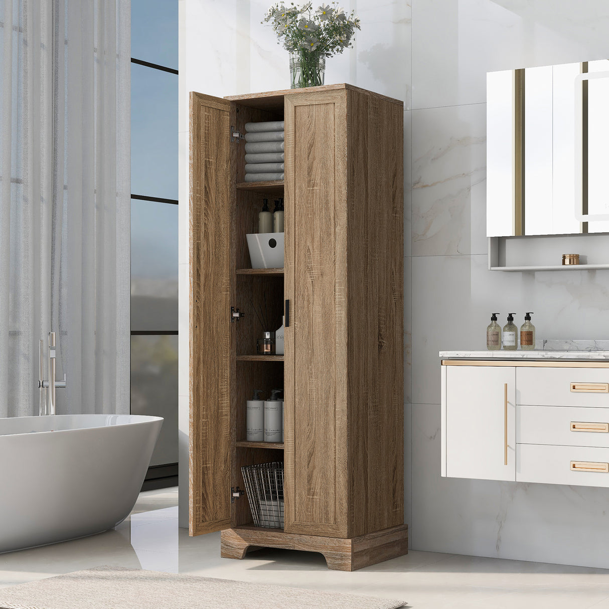 Storage Cabinet with Two Doors for Bathroom, Office, Adjustable Shelf, MDF Board, Brown - V.I.P Digital Presence