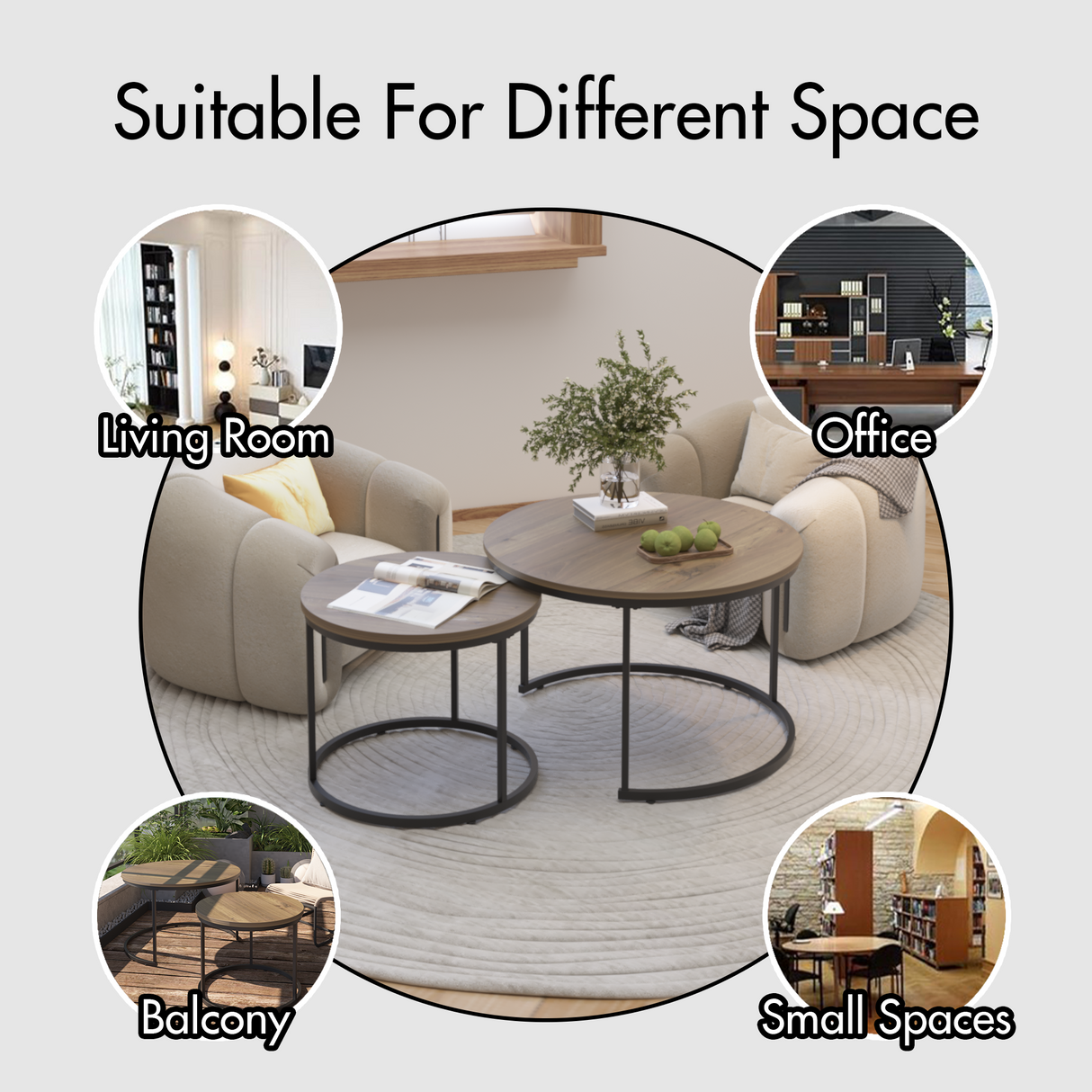 A set of nested coffee tables, 27.6-inch round coffee table, industrial wood veneer, with sturdy metal frame (brown) - V.I.P Digital Presence