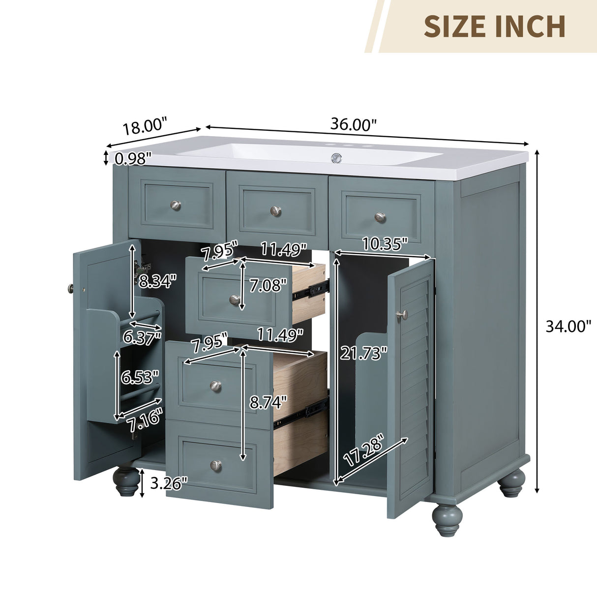 36 "bathroom makeup cabinet with resin sink combination and 2 drawers, with soft closing door, blue color - V.I.P Digital Presence