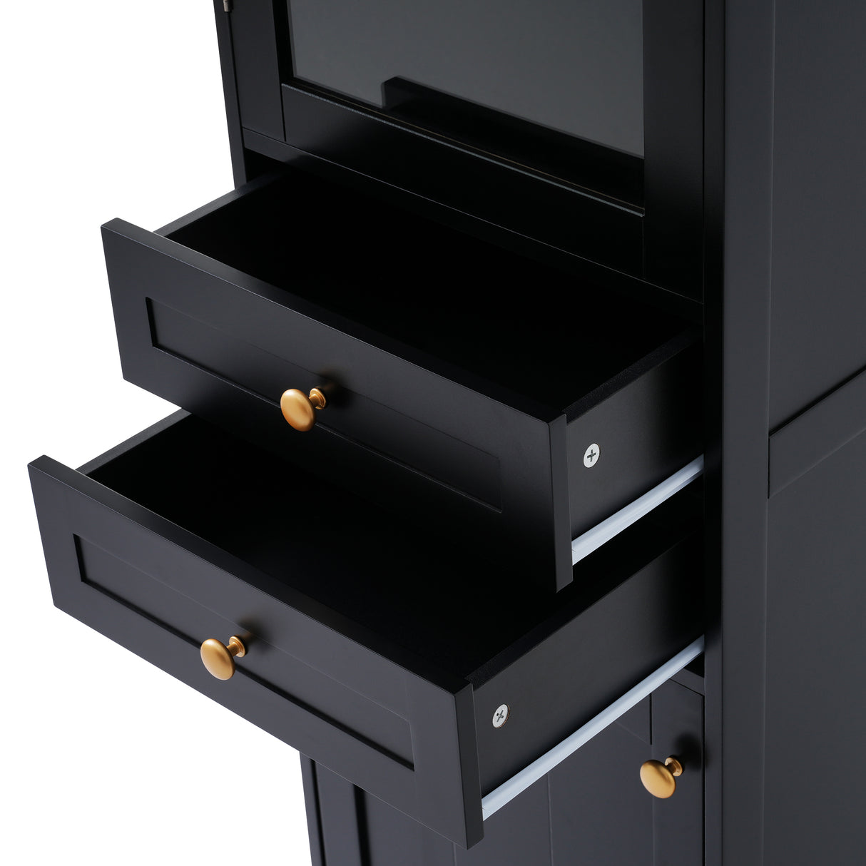 Tall Bathroom Storage Cabinet with Glass Doors, Free-Standing, Two Drawers, and Adjustable Shelves, MDF Board, Painted Black - V.I.P Digital Presence