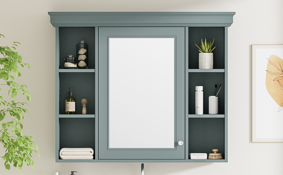 35 ''x 28' 'blue wall mounted bathroom storage cabinet with mirror door and medication cabinet with 6 open shelves - V.I.P Digital Presence