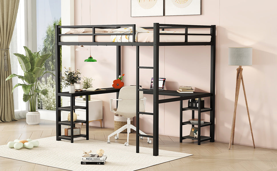 All metal loft bed with desk and shelf, loft bed with ladder and guardrail, black with black desk - V.I.P Digital Presence
