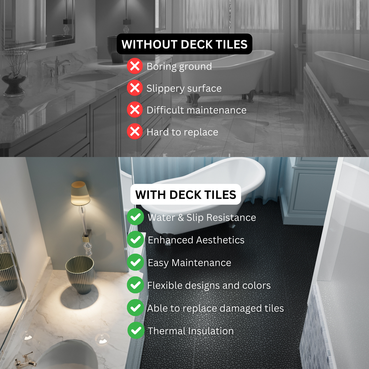 12 x 12 inch black interlocking deck tiles, plastic waterproofing, pebble pattern, pack of 12 - V.I.P Digital Presence