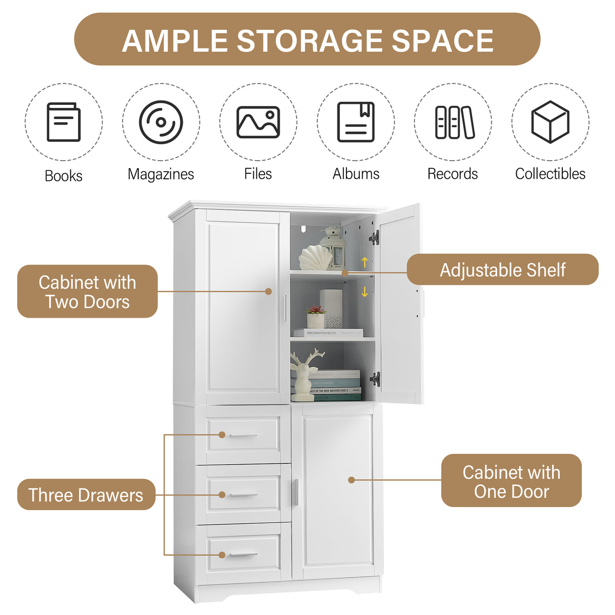 Tall and Wide Storage Cabinet with Doors for Bathroom/Office, Three Drawers, White - V.I.P Digital Presence