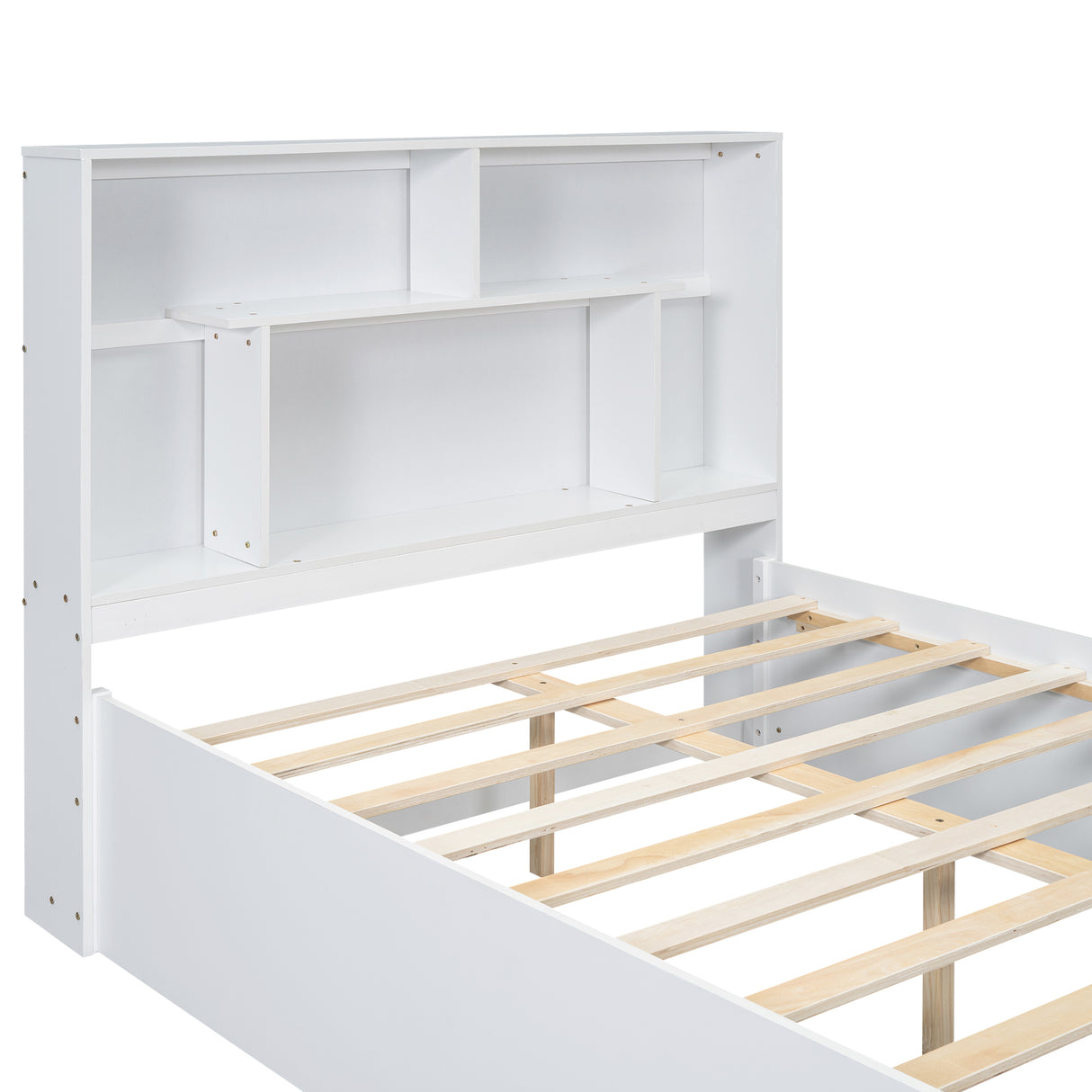 Full Size Platform Bed with Storage Headboard and 2 Drawers, White - V.I.P Digital Presence