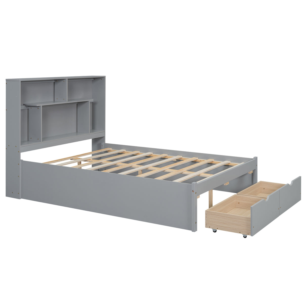 Full Size Platform Bed with Storage Headboard and 2 Drawers, Gray - V.I.P Digital Presence