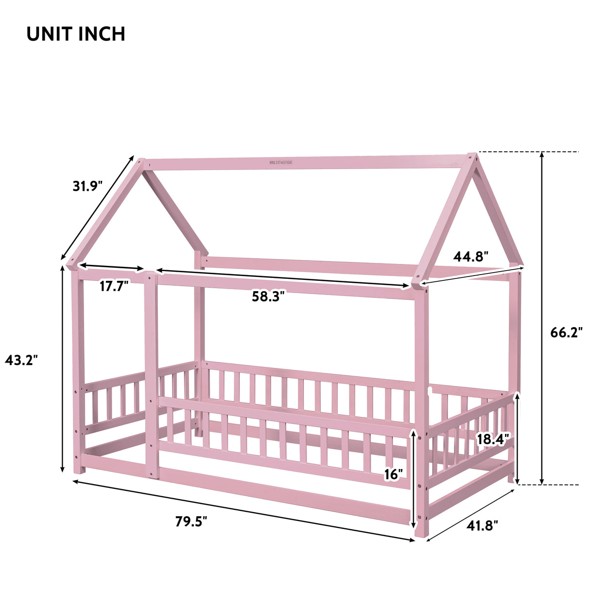 Twin Size Floor Wooden Bed with House Roof Frame, Fence Guardrails,Pink - V.I.P Digital Presence