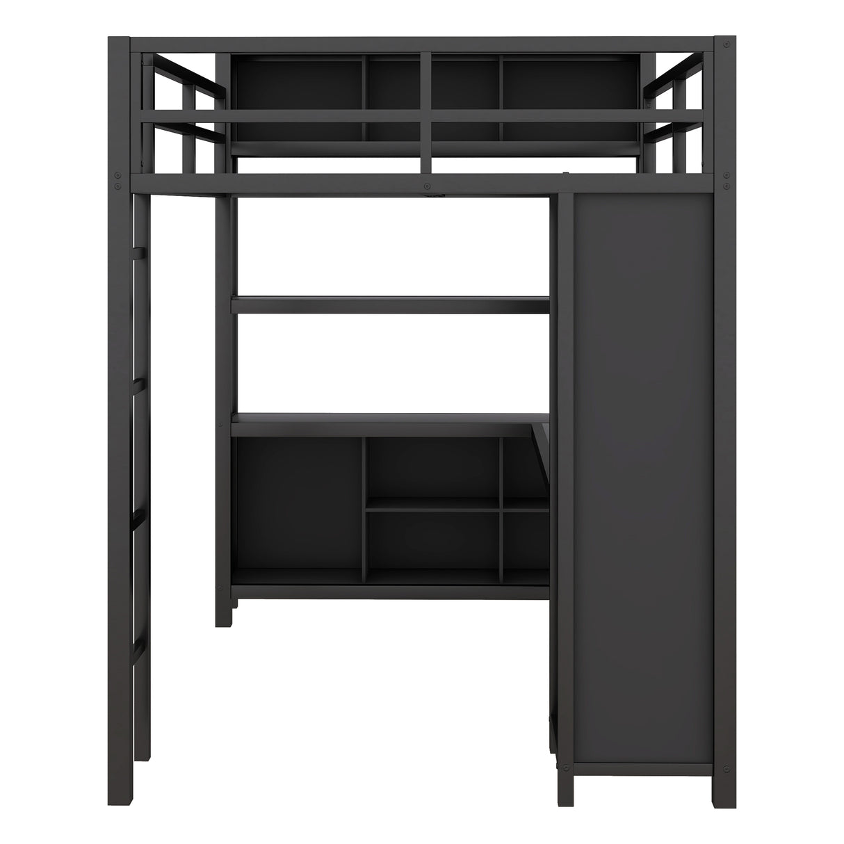 Metal loft bed with wardrobe and L-shaped desk, full-size loft bed with storage cabinet and shelf, heavy-duty loft bed, black - V.I.P Digital Presence