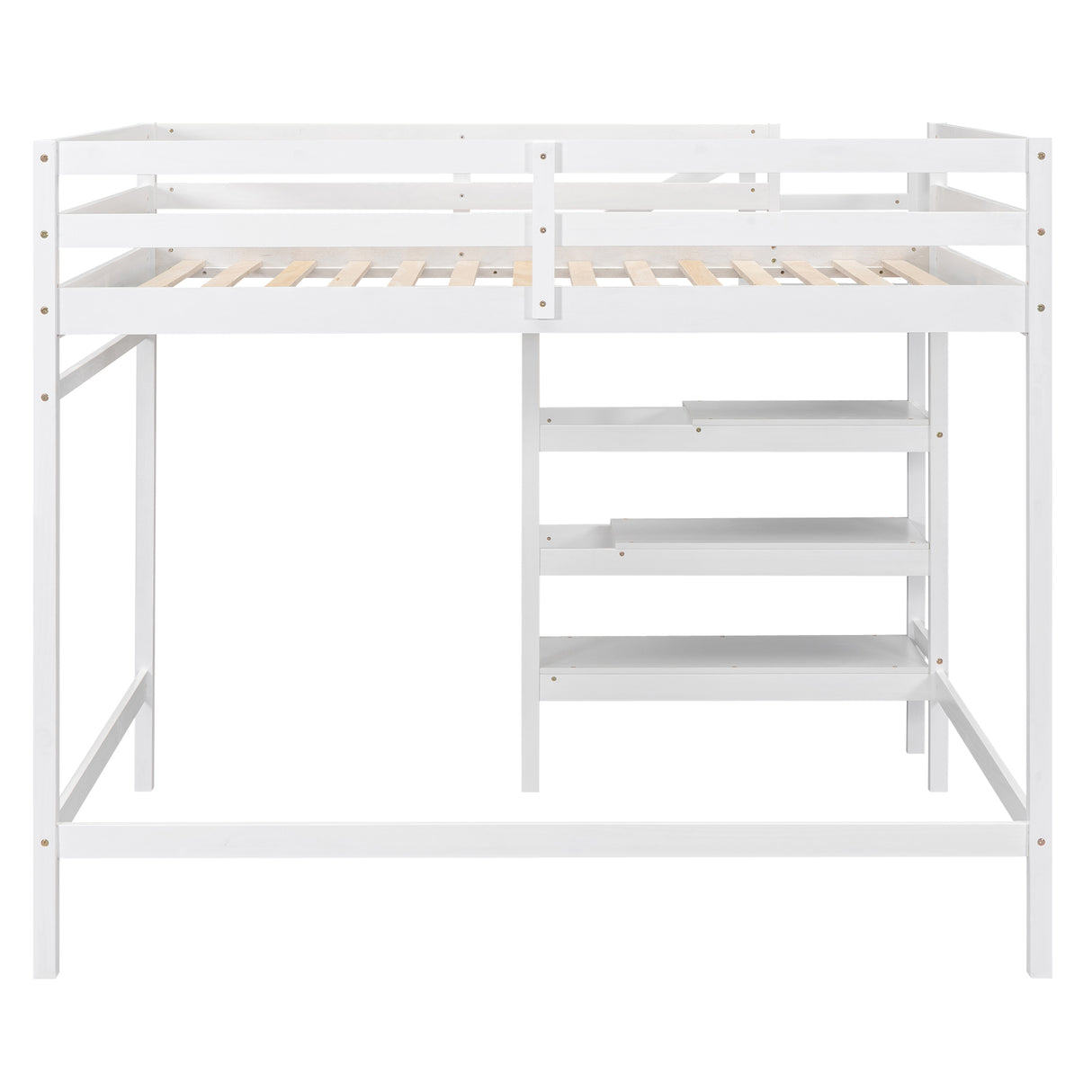 Full Size Loft Bed with Built-in Storage Staircase and Hanger for Clothes White