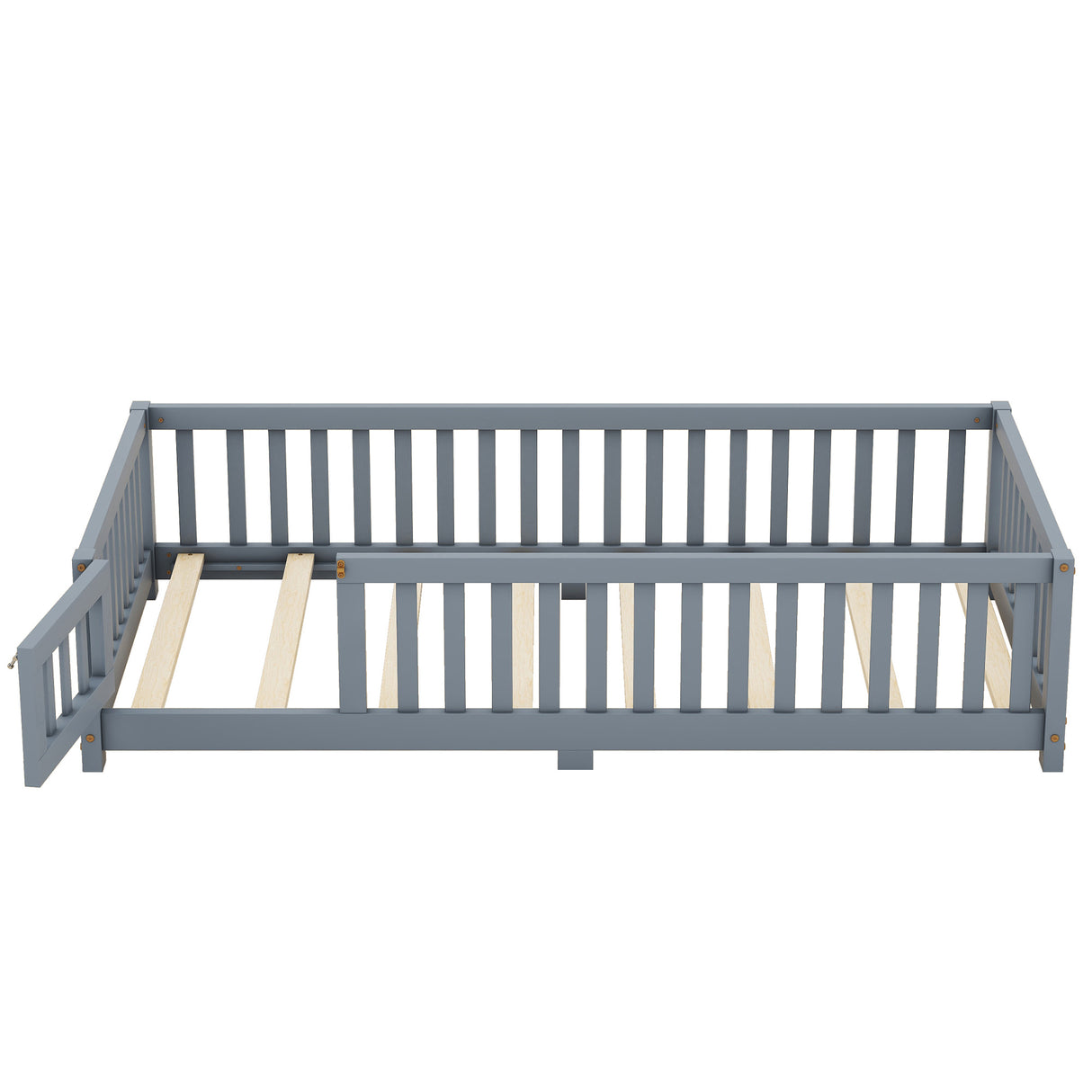 Twin Size Bed Floor Bed with Safety Guardrails and Door for Kids, Gray - V.I.P Digital Presence