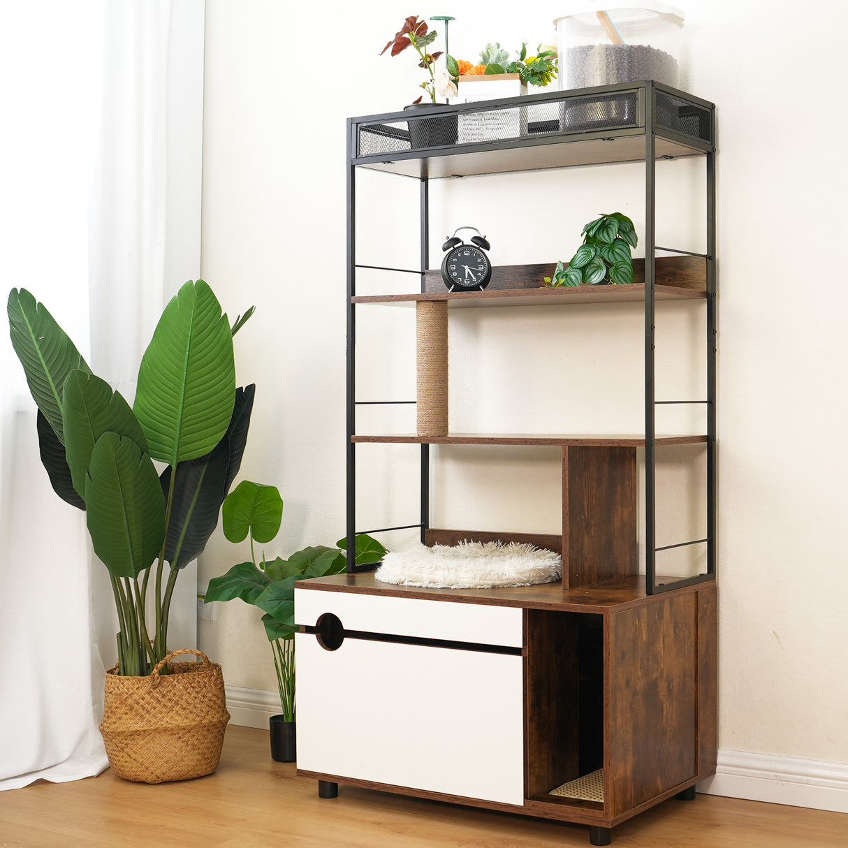 Cat Litter Box Enclosure with Shelves,Hidden Litter Box with Scratching Posts, litter box furniture ,Wooden Cat tree - V.I.P Digital Presence