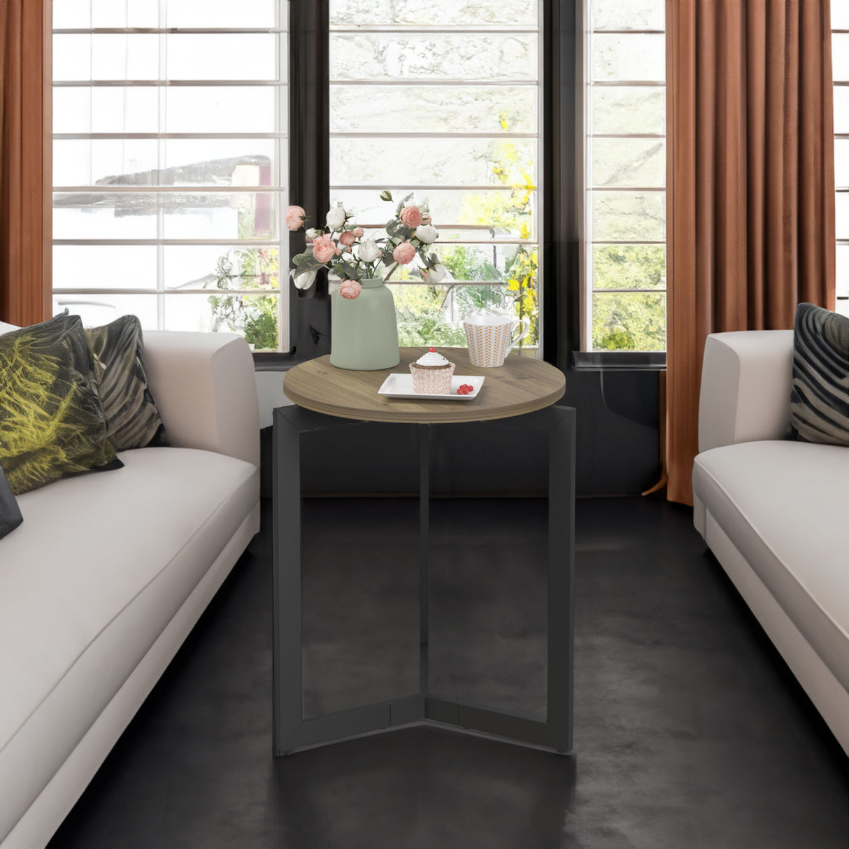 19.68''H Round Side Table, Round Accent End Table with Sturdy Metal Frame, Round Nightstand, for Living Room, Brown - V.I.P Digital Presence